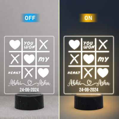 Personalized You Won My Heart Tic Tac Toe Design Night Lamp with Warm White Light Customized with Name & Date Birthday Gift for Wife, Husband, Girlfriend, Boyfriend & Anniversary Gift for Couple