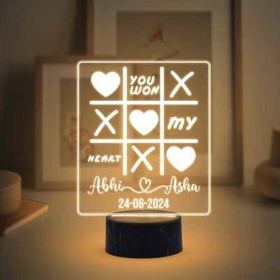Personalized You Won My Heart Tic Tac Toe Design Night Lamp with Warm White Light Customized with Name & Date Birthday Gift for Wife, Husband, Girlfriend, Boyfriend & Anniversary Gift for Couple