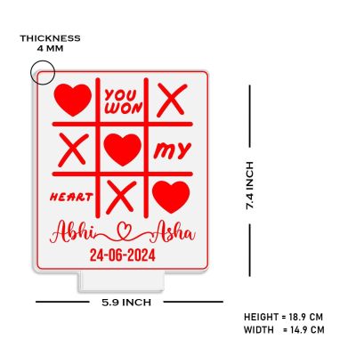 Personalized You Won My Heart Tic Tac Toe Design Night Lamp with Warm White Light Customized with Name & Date Birthday Gift for Wife, Husband, Girlfriend, Boyfriend & Anniversary Gift for Couple