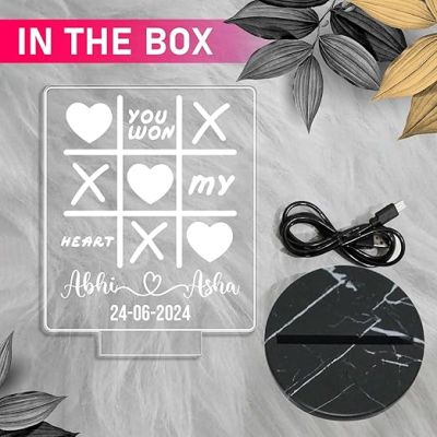 Personalized You Won My Heart Tic Tac Toe Design Night Lamp with Warm White Light Customized with Name & Date Birthday Gift for Wife, Husband, Girlfriend, Boyfriend & Anniversary Gift for Couple
