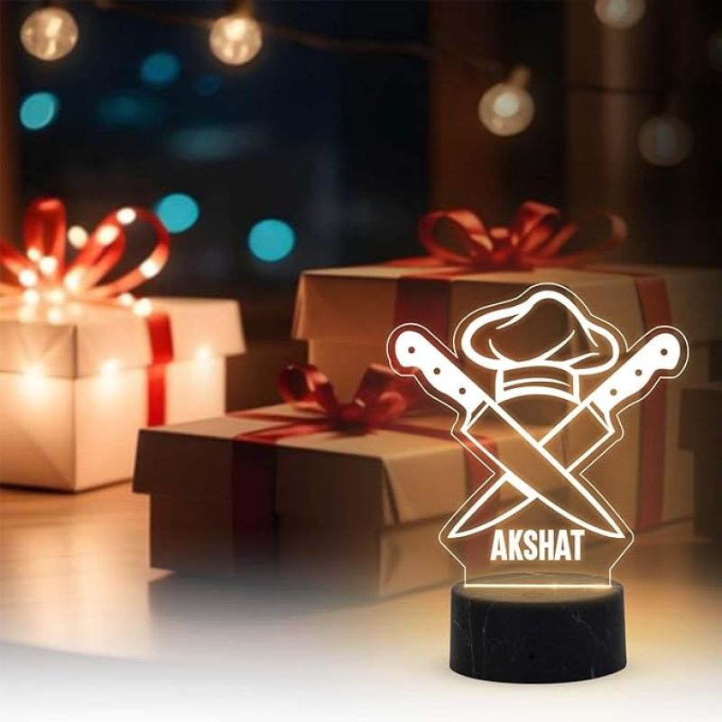 Personalized Chef Hat and Knife Night Lamp with Warm White Light Customized Name Thankyou & Birthday Gift for Male & female Chef Kitchen Decor