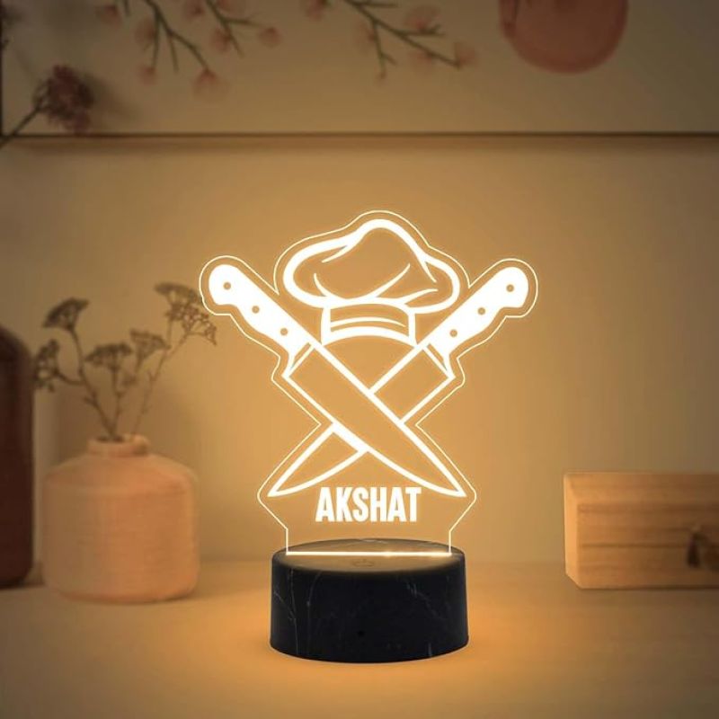 Personalized Chef Hat and Knife Night Lamp with Warm White Light Customized Name Thankyou & Birthday Gift for Male & female Chef Kitchen Decor