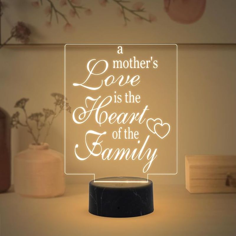 A Mothers Love is The Heart of The Family Engraved Night Lamp with Warm White Light Gift for Mom , Mother in law Gift for Mothers Day Express Your Love for Mom