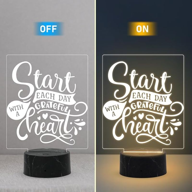 Start Each Day with A Grateful Heart Quote Engraved Night Lamp with Warm White Light Motivational Lamp Bedroom Living Room Decor Light