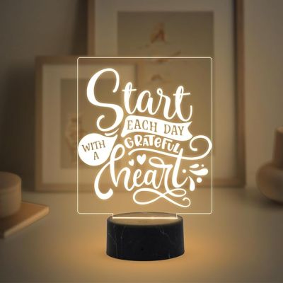 Start Each Day with A Grateful Heart Quote Engraved Night Lamp with Warm White Light Motivational Lamp Bedroom Living Room Decor Light