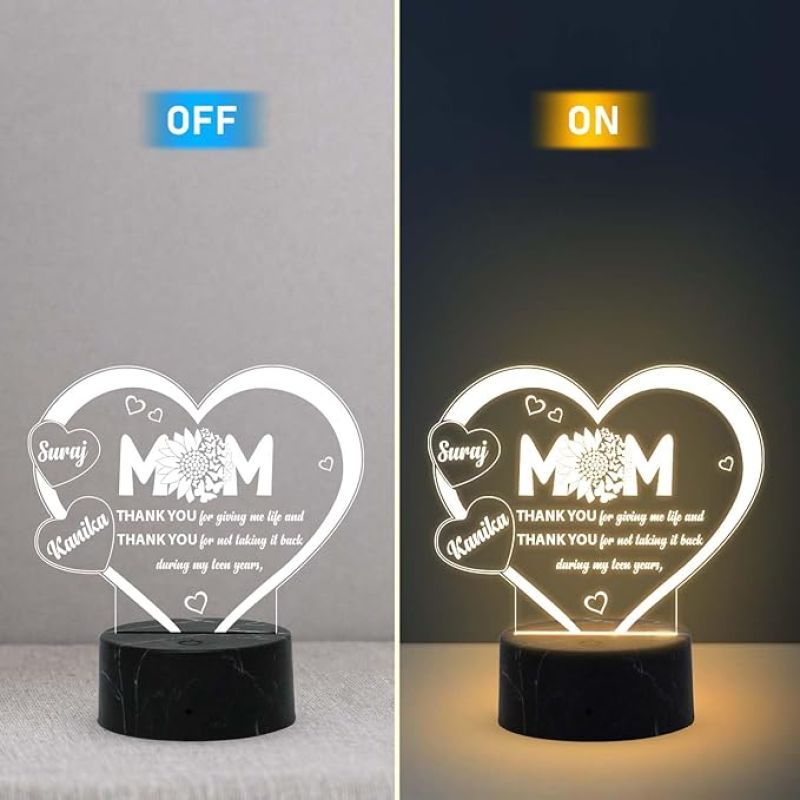 Mom Thank You Lamp with Warm White Light Customized with Kids Name Gift for Mother's Dy