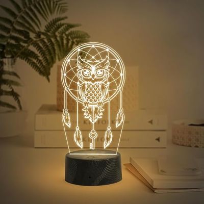 3D Illusion Owl Dreamcatcher Night Light with Warm White Light Kids Room, Bedroom & Living Room Decoration Lamp