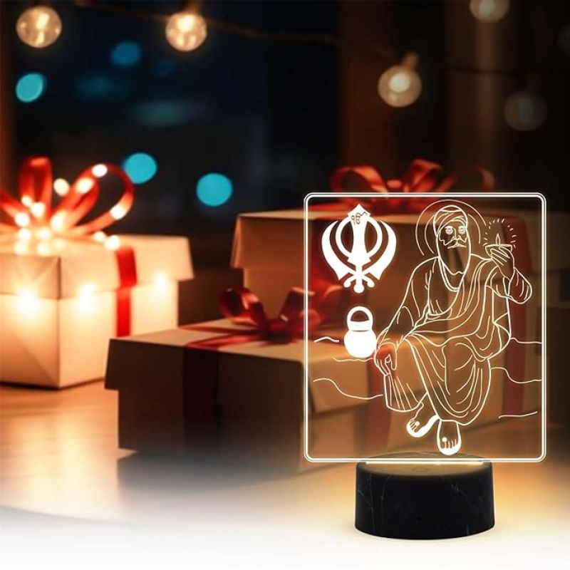 3D Illusion Guru Nanak Dev Ji Night Lamp with Warm White Light Pooja Room, Office, Gurdwara Decor & Spiritual Home Decor Light