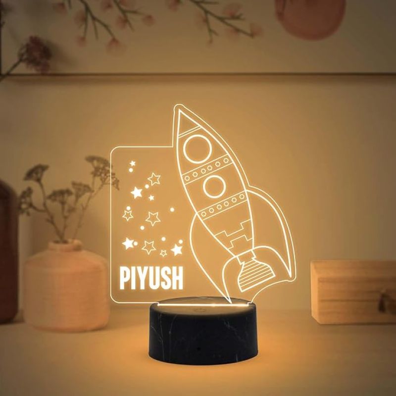 3D Illusion Rocket Night Lamp with Warm White Light Customized with Name Birthday Gift for Girls Boys & Bedroom Deco