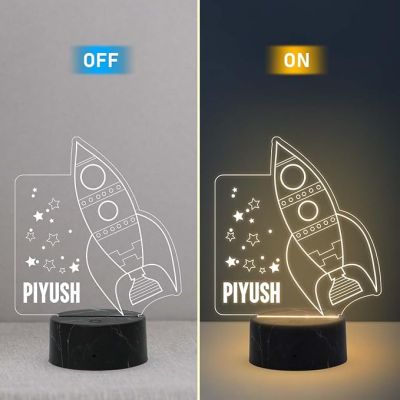 3D Illusion Rocket Night Lamp with Warm White Light Customized with Name Birthday Gift for Girls Boys & Bedroom Deco