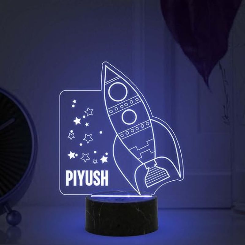 3D Illusion Rocket Night Lamp with Automatic Color Changing Light Customized with Name Birthday Gift for Girls Boys & Bedroom Deco