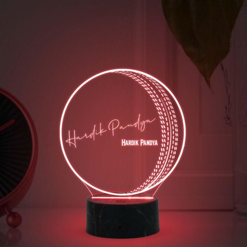 3D Illusion Cricket Ball with Cricketer Signature Night Lamp with  Automatic Color Changing Light Customized with Name Birthday Gift for Cricket Fans Gift for Sports Lover (Hardik Pandey)