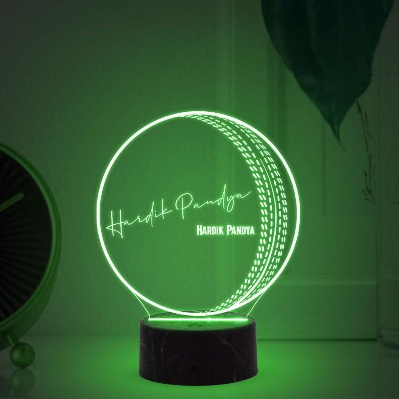 3D Illusion Cricket Ball with Cricketer Signature Night Lamp with  Automatic Color Changing Light Customized with Name Birthday Gift for Cricket Fans Gift for Sports Lover (Hardik Pandey)
