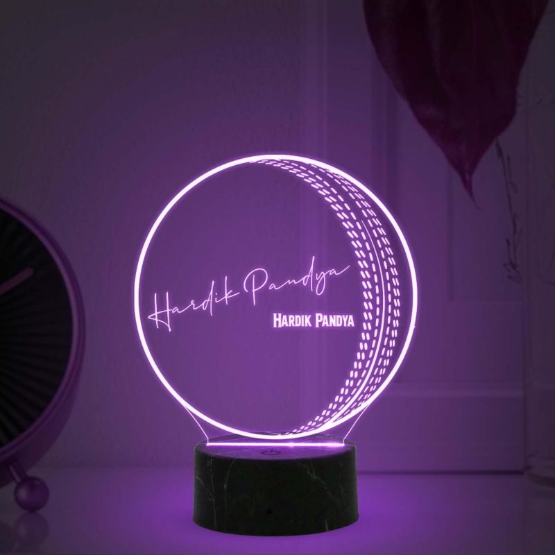 3D Illusion Cricket Ball with Cricketer Signature Night Lamp with  Automatic Color Changing Light Customized with Name Birthday Gift for Cricket Fans Gift for Sports Lover (Hardik Pandey)