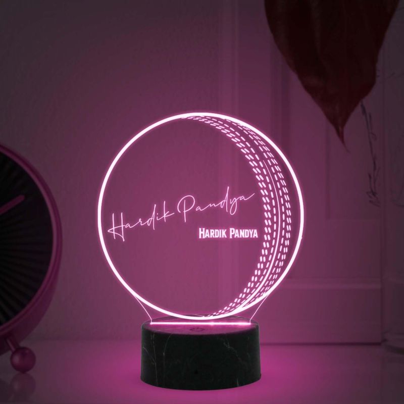 3D Illusion Cricket Ball with Cricketer Signature Night Lamp with  Automatic Color Changing Light Customized with Name Birthday Gift for Cricket Fans Gift for Sports Lover (Hardik Pandey)