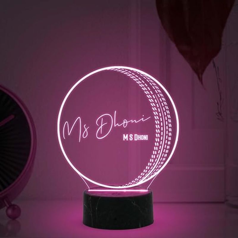 3D Illusion Cricket Ball with Cricketer Signature Led Lamp Automatic Color Changing Light Customized with Name Birthday Gift for Cricket Fans Gift for Sports Lover (MS Dhoni)