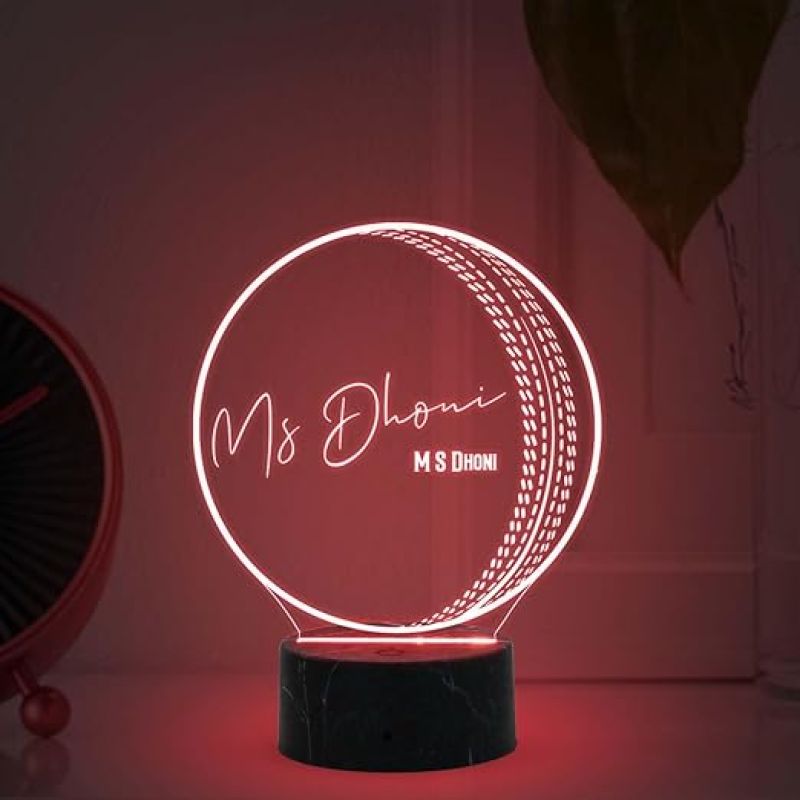 3D Illusion Cricket Ball with Cricketer Signature Led Lamp Automatic Color Changing Light Customized with Name Birthday Gift for Cricket Fans Gift for Sports Lover (MS Dhoni)