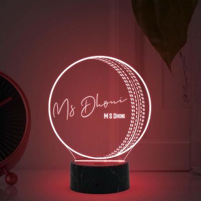 3D Illusion Cricket Ball with Cricketer Signature Led Lamp Automatic Color Changing Light Customized with Name Birthday Gift for Cricket Fans Gift for Sports Lover (MS Dhoni)