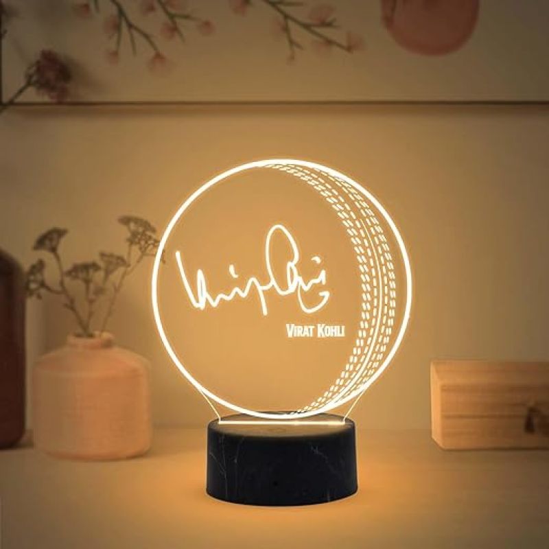 3D Illusion Cricket Ball with Cricketer Signature Led Lamp Warm White Light Customized with Name Gift for Sports Lover Birthday Gift for Cricket Fans (Virat Kohli)