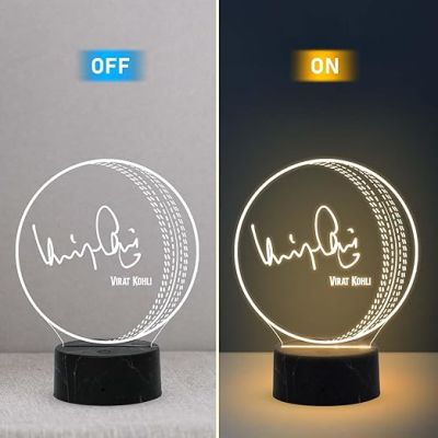 3D Illusion Cricket Ball with Cricketer Signature Led Lamp Warm White Light Customized with Name Gift for Sports Lover Birthday Gift for Cricket Fans (Virat Kohli)