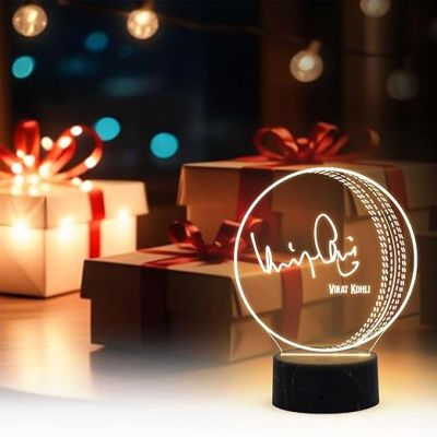 3D Illusion Cricket Ball with Cricketer Signature Led Lamp Warm White Light Customized with Name Gift for Sports Lover Birthday Gift for Cricket Fans (Virat Kohli)