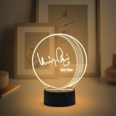 3D Illusion Cricket Ball with Cricketer Signature Led Lamp Warm White Light Customized with Name Gift for Sports Lover Birthday Gift for Cricket Fans (Virat Kohli)