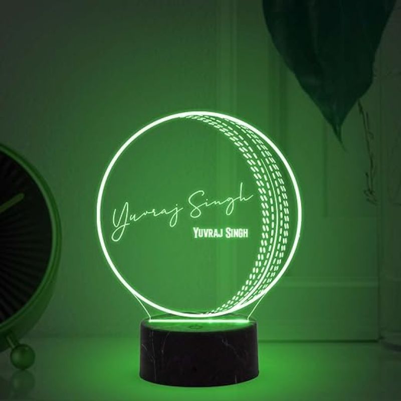 3D Illusion Cricket Ball with Cricketer Signature Led Lamp Automatic Color Changing Light Customized with Name Gift for Sports Lover Birthday Gift for Cricket Fans (Yuvraj Singh)