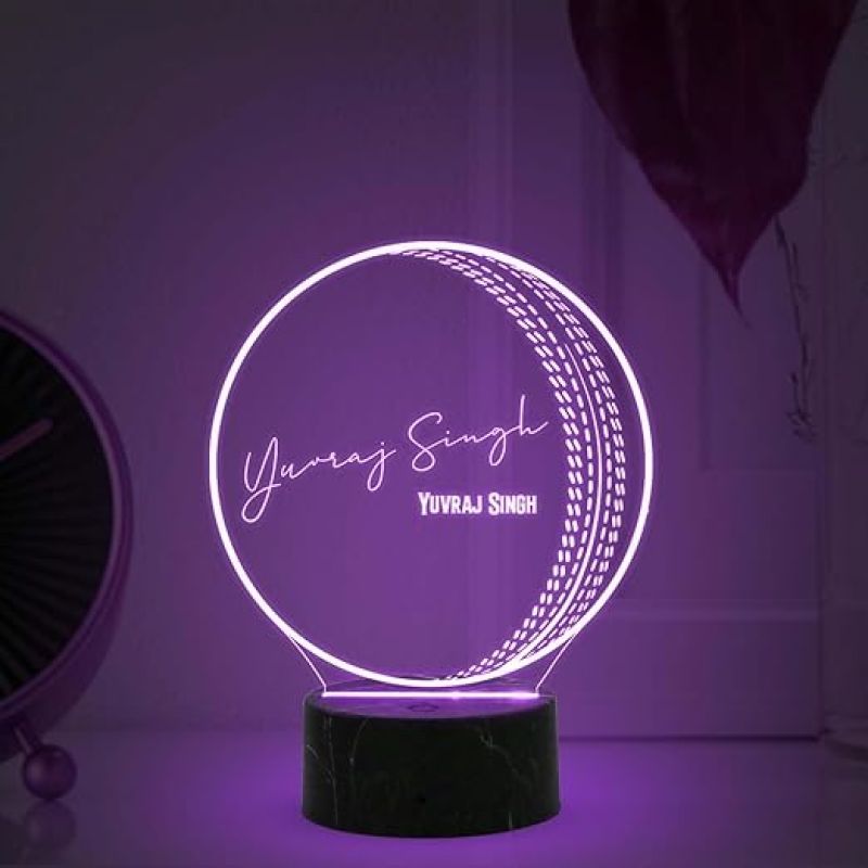 3D Illusion Cricket Ball with Cricketer Signature Led Lamp Automatic Color Changing Light Customized with Name Gift for Sports Lover Birthday Gift for Cricket Fans (Yuvraj Singh)