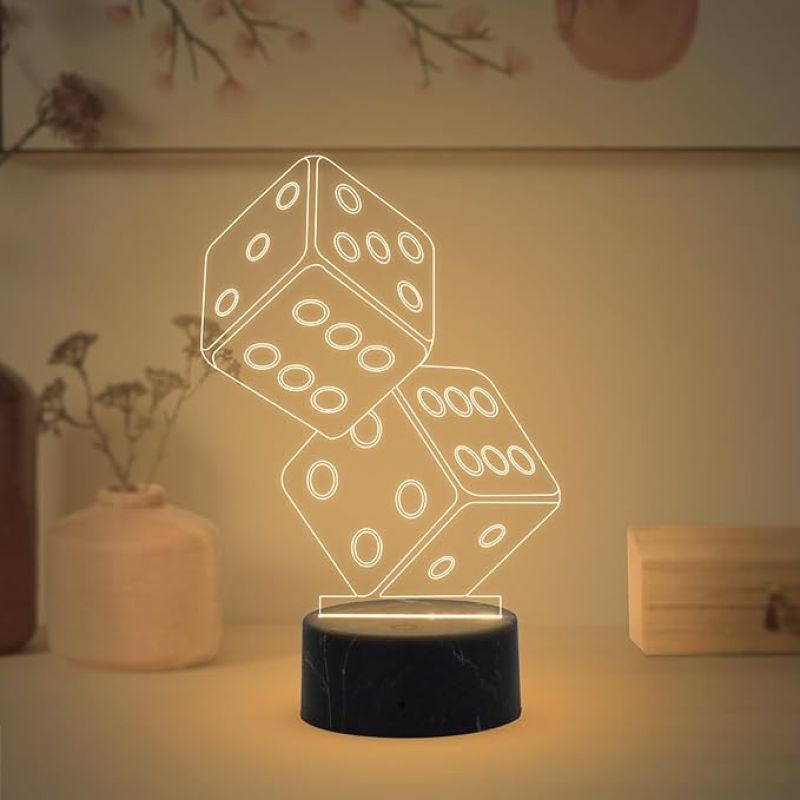 3D Illusion Dice Night Lamp with Warm White Light Gaming Room Bedroom Living Room Decor Lamp