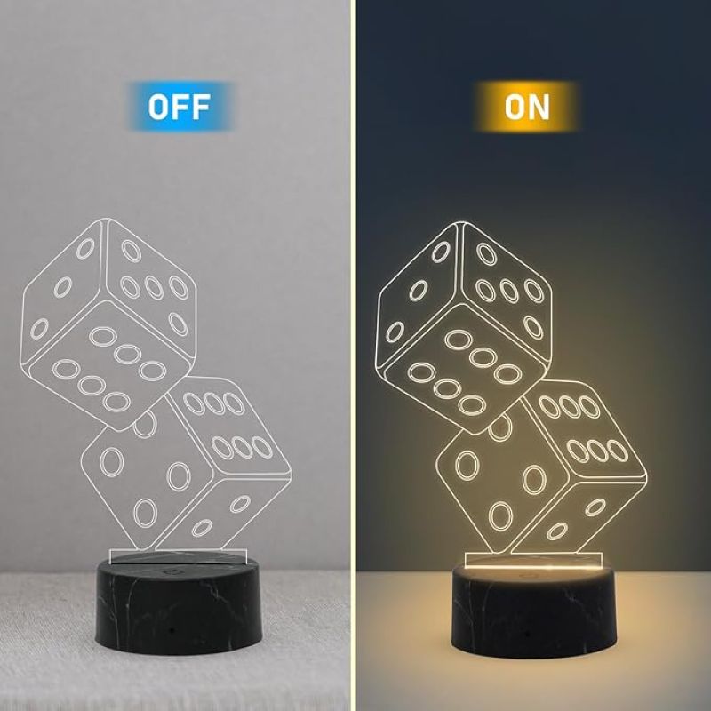 3D Illusion Dice Night Lamp with Warm White Light Gaming Room Bedroom Living Room Decor Lamp