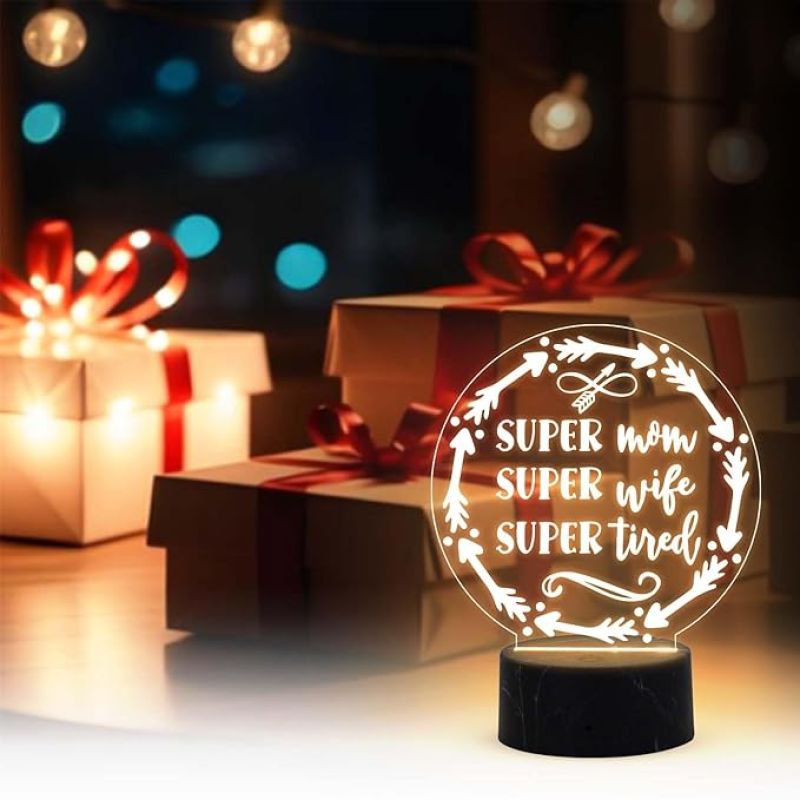 Super Mom, Wife, Tired Night Lamp with Warm White Light Gift for Mom, Mother's Day Gift for Mom Mom Birthday Gift from Daughter Son Thankyou Gift for Mom