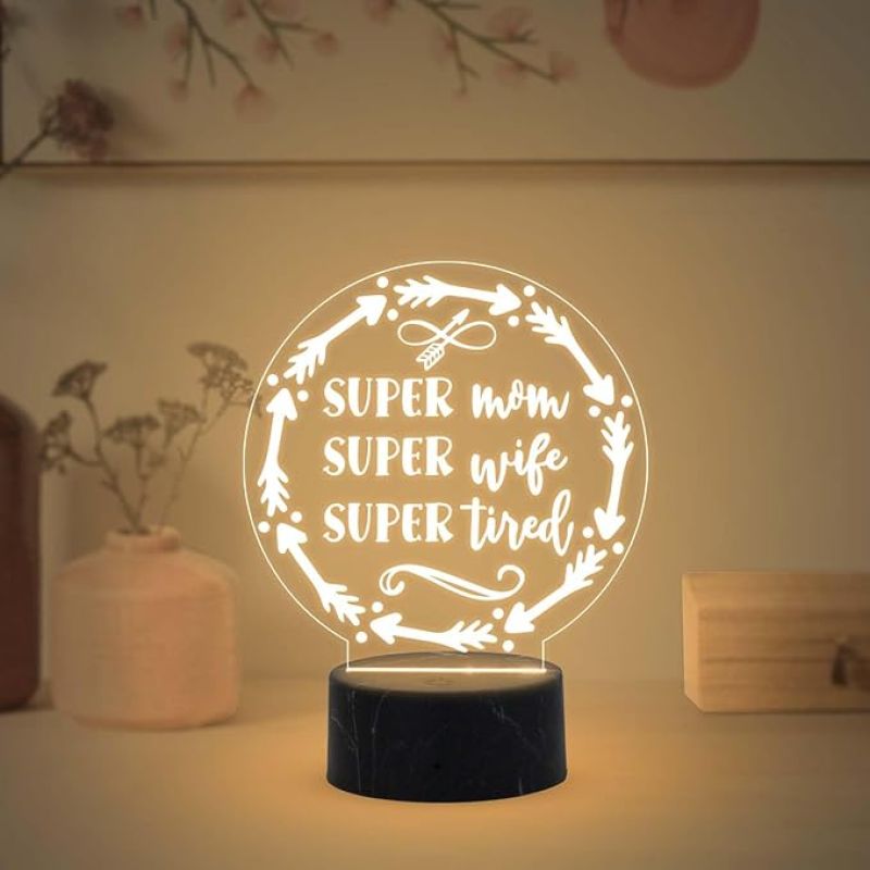 Super Mom, Wife, Tired Night Lamp with Warm White Light Gift for Mom, Mother's Day Gift for Mom Mom Birthday Gift from Daughter Son Thankyou Gift for Mom