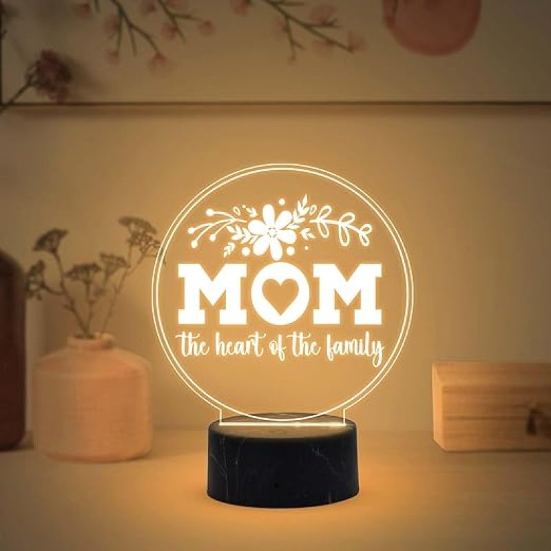 Mom the heart of the family Night Lamp with Warm White Light Gift for Mom, Mother's Day Gift for Mom Mom Birthday Gift from Daughter Son Thankyou Gift for Mom