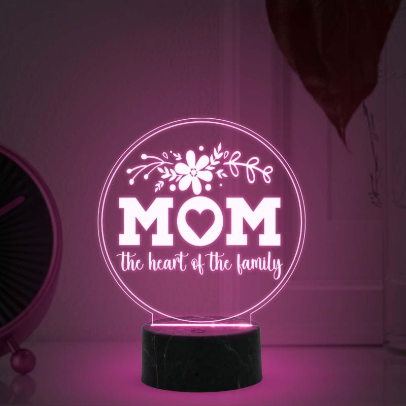 Mom The Heart of My Family Night Lamp with Multicolored Light Gift for Mom, Mother's Day Gift for Mom Mom Birthday Gift from Daughter Son Thankyou Gift for Mom