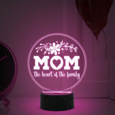 Mom The Heart of My Family Night Lamp with Multicolored Light Gift for Mom, Mother's Day Gift for Mom Mom Birthday Gift from Daughter Son Thankyou Gift for Mom