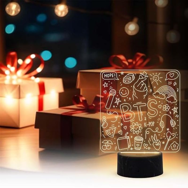 3D Illusion BTS K-POP Night Lamp with Warm White Light Birthday Return Gift for Kids Best Gift for BTS Army Fan