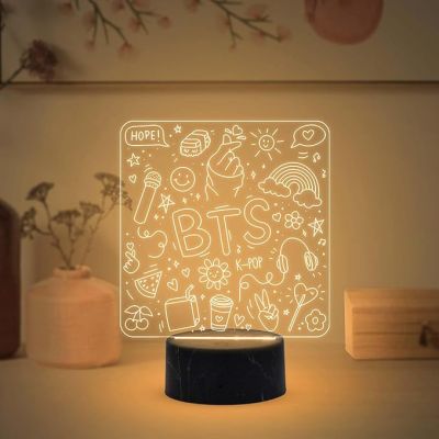 3D Illusion BTS K-POP Night Lamp with Warm White Light Birthday Return Gift for Kids Best Gift for BTS Army Fan