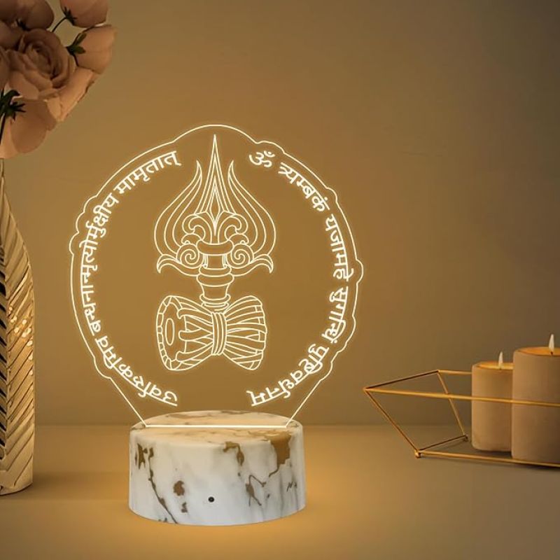 3D Illusion Om Trimbhakam Yajamahe Shiva Mahamrityunjay Mantra Spiritual Night Lamp with Warm White Light Home Decor, Temple Decor, Mandir, Pooja Ghar Decor