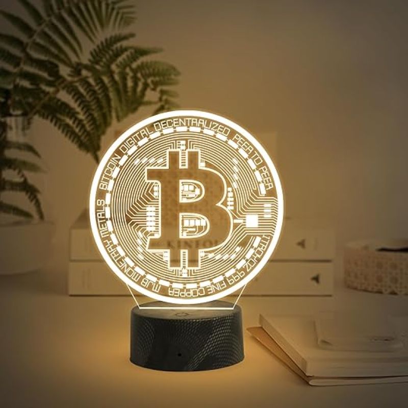 3D Illusion Bitcoin Logo Night Lamp with Warm White Light Gift for Crypto Lovers Office Decor