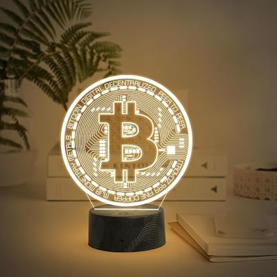 3D Illusion Bitcoin Logo Night Lamp with Warm White Light Gift for Crypto Lovers Office Decor
