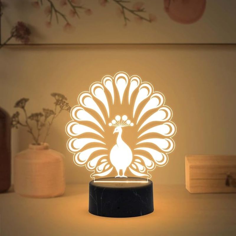 3D Illusion Peacock Design Night Lamp with Warm White Light Bedroom, Living Room & Kids Room Decor Return Birthday Gift