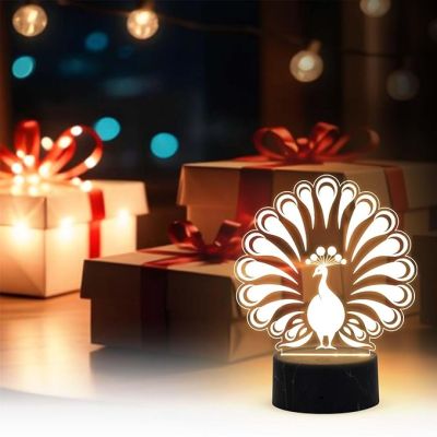 3D Illusion Peacock Design Night Lamp with Warm White Light Bedroom, Living Room & Kids Room Decor Return Birthday Gift