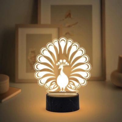3D Illusion Peacock Design Night Lamp with Warm White Light Bedroom, Living Room & Kids Room Decor Return Birthday Gift