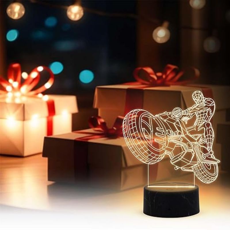 3D Illusion Bike Spiderman Motorcycle Night Lamp with Warm White Light Gift for Bike Lover