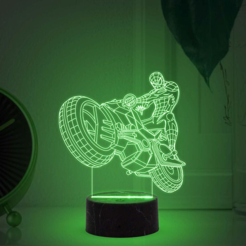 3D Illusion Spiderman Motorcycle Night Lamp with Multicolored Light Birthday Gift for Bike Lover