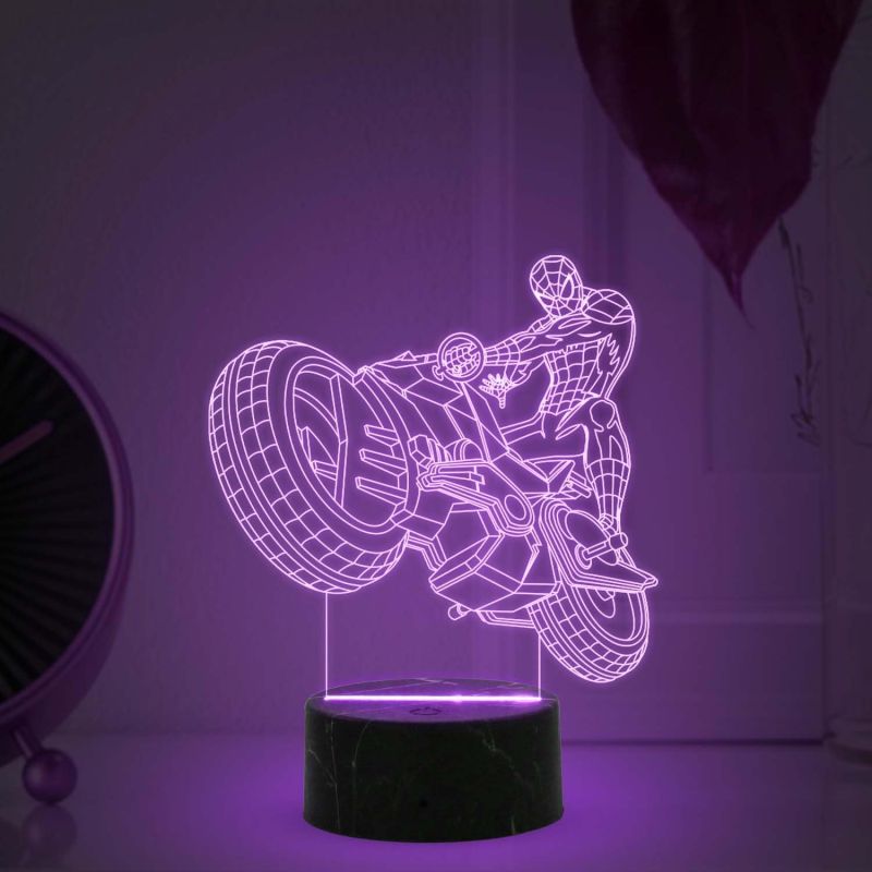 3D Illusion Spiderman Motorcycle Night Lamp with Multicolored Light Birthday Gift for Bike Lover