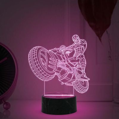 3D Illusion Spiderman Motorcycle Night Lamp with Multicolored Light Birthday Gift for Bike Lover