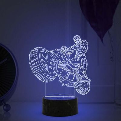 3D Illusion Spiderman Motorcycle Night Lamp with Multicolored Light Birthday Gift for Bike Lover