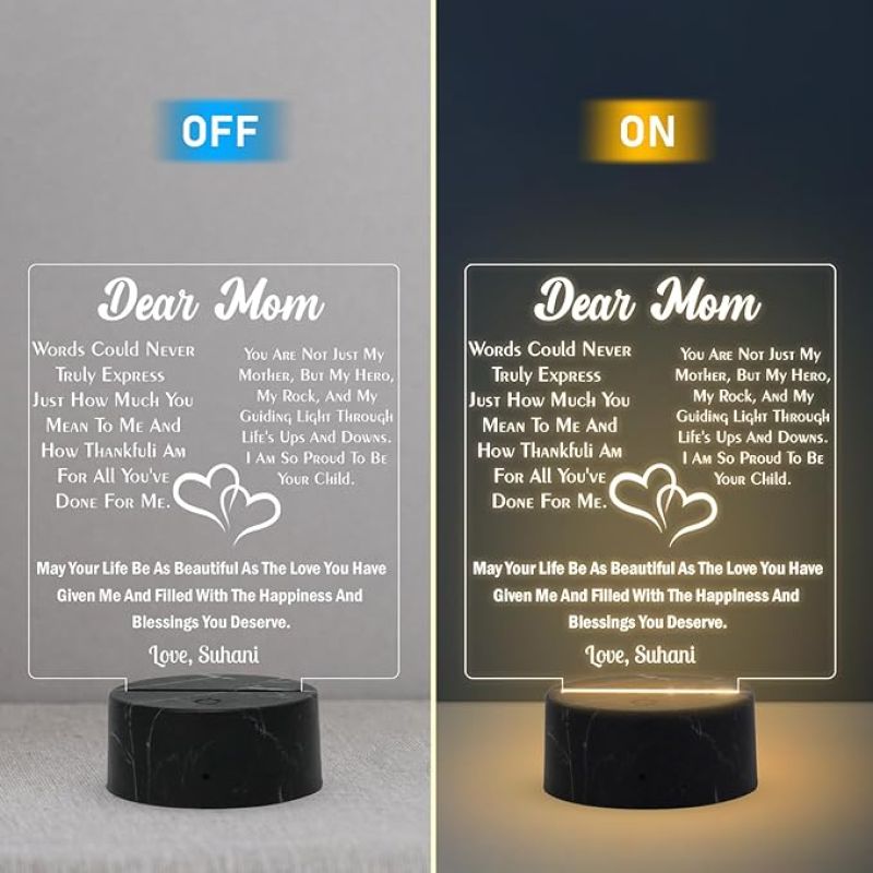 Dear Mom Engraved Night Lamp with Warm White Light Customized Kid Name Mothers Day Gift for Mom Memorable & Birthday Gift for Mom from Daughter & Son