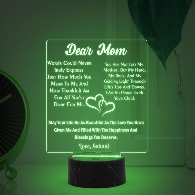 Dear Mom Engraved Night Lamp with Automatic Color Changing Light Customized Name Mothers Day Gift for Mom Memorable & Birthday Gift for Mom from Daughter & Son